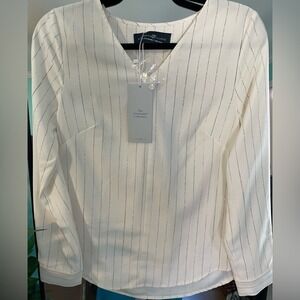ELIZABETH & CLARKE Cream Pinstripe Long Sleeve‎ V-Neck Top Unsustainable NWT